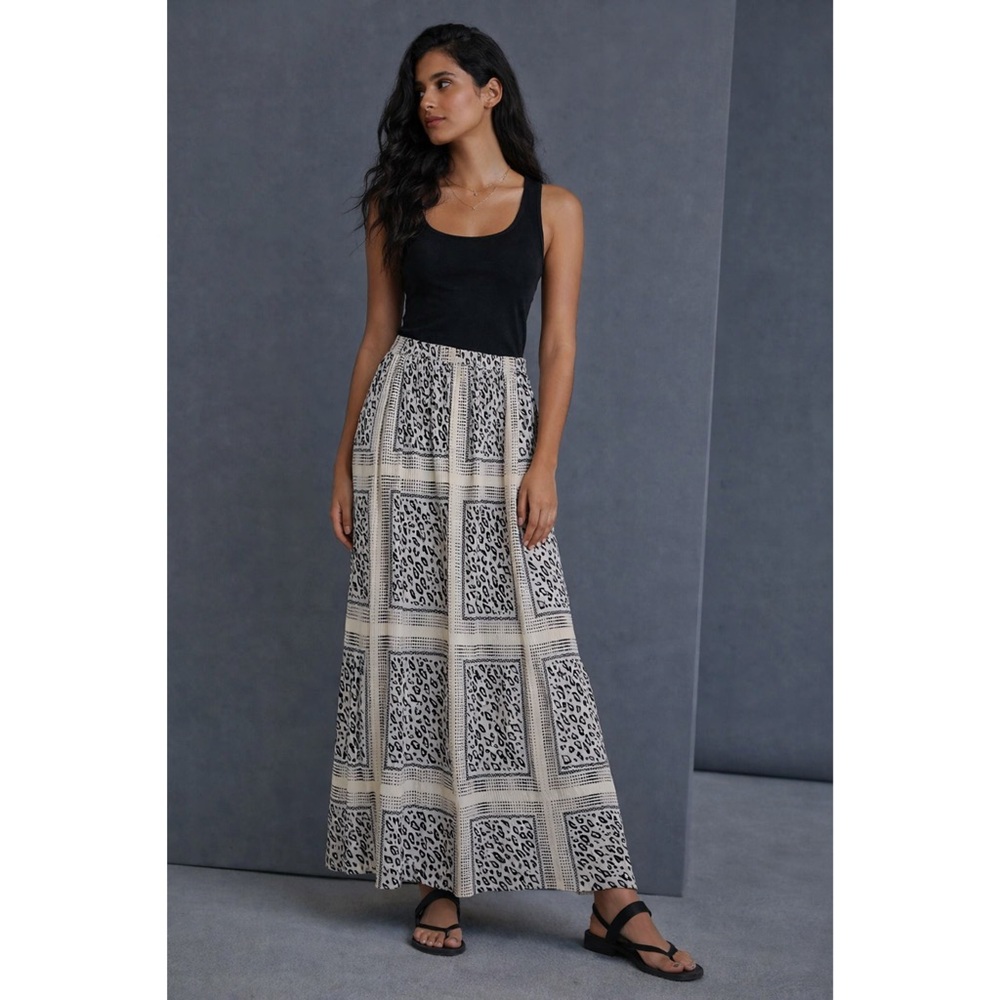 Easel Los Angeles Boho Patchwork Maxi Skirt Leopard Print Ivory‎ Black M